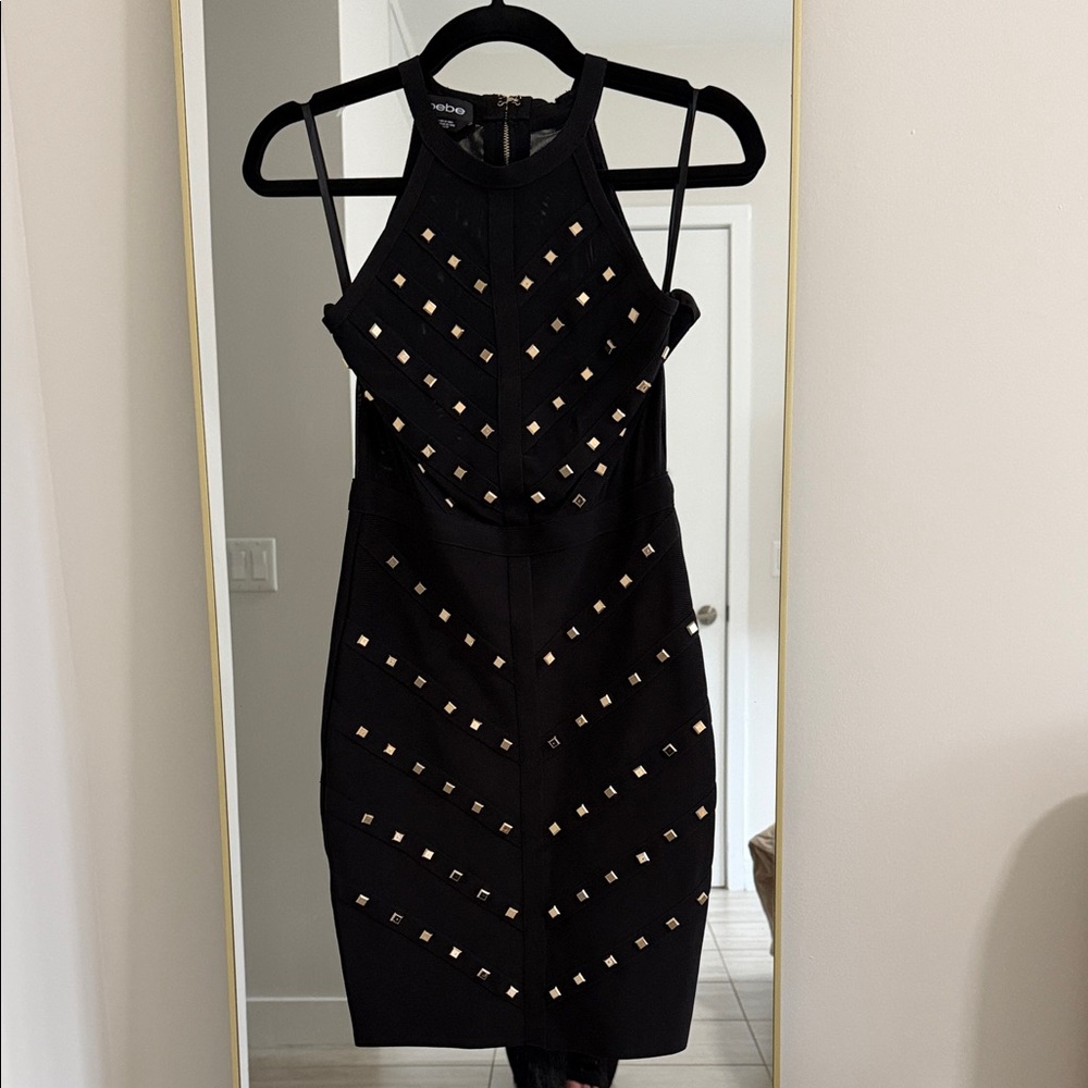 bebe Black Mini Dress with Gold Stud Accents
